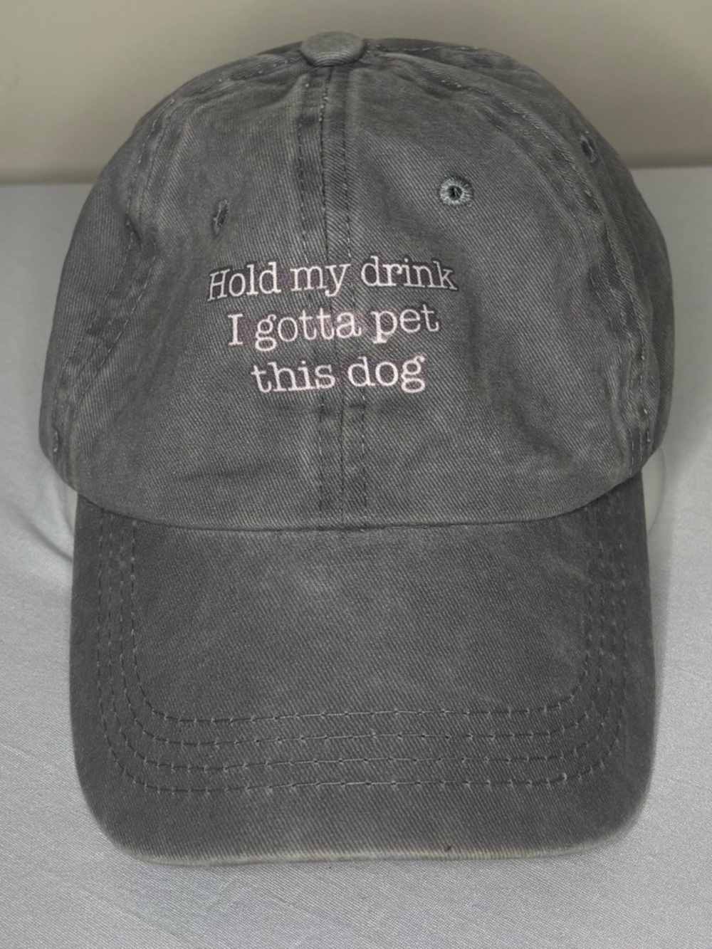 Gray Baseball Cap with 'Hold my drink, I gotta pet this dog' Embroidery